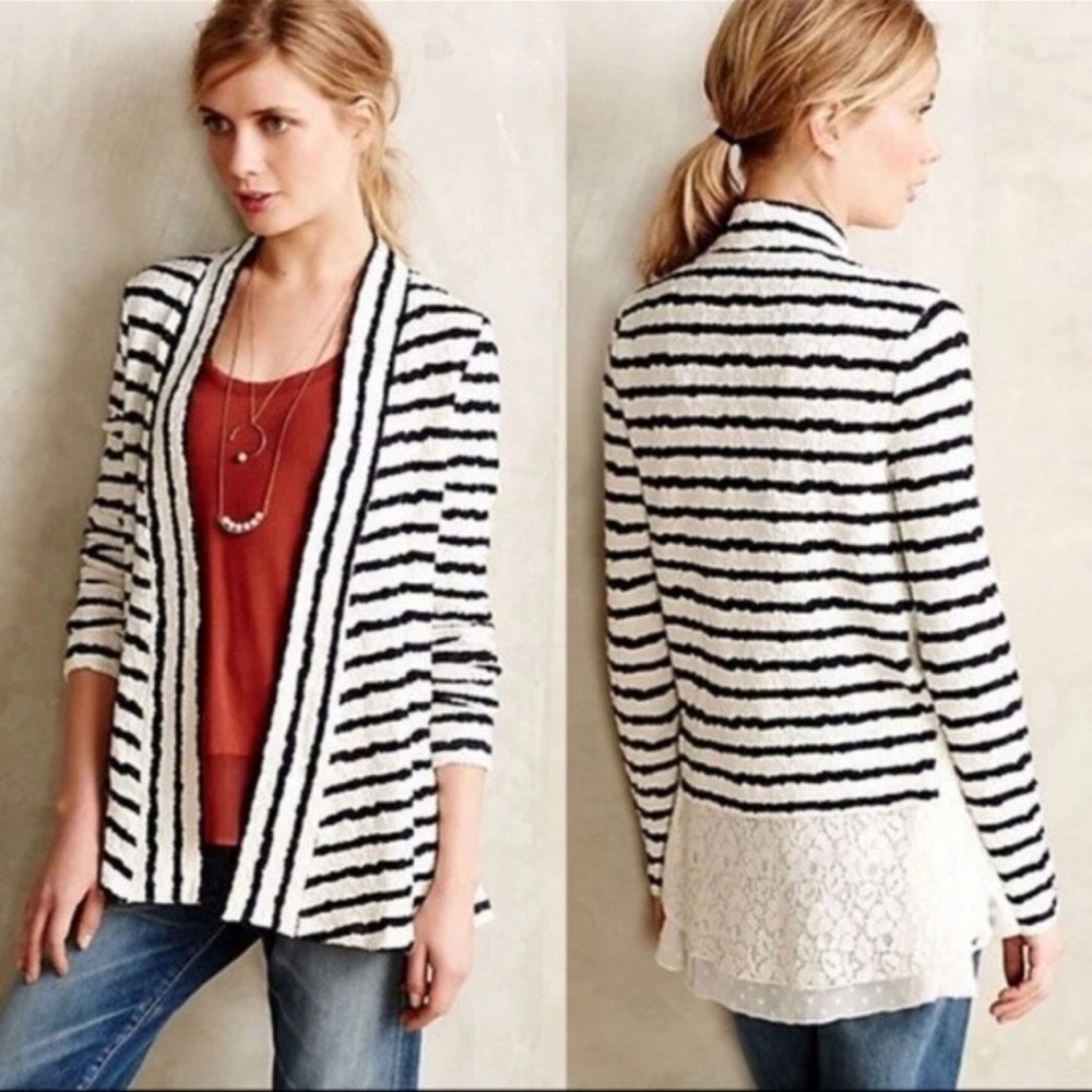Anthropologie Postmark Striped and Lace Cardigan